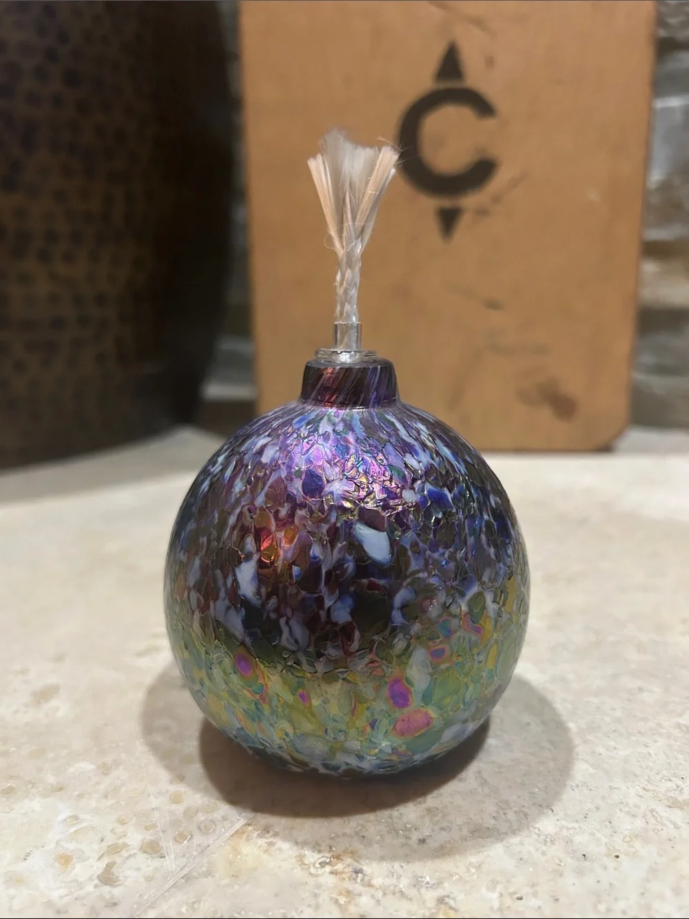 Handblown Glass Oil Diffuser Orb in Iridescent Blue-Purple Carnival Glass
